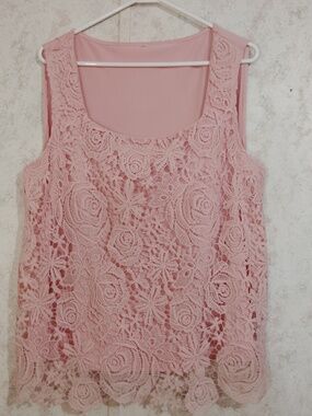 Lace Overlay Scoop Neck Tank Top - Pink
